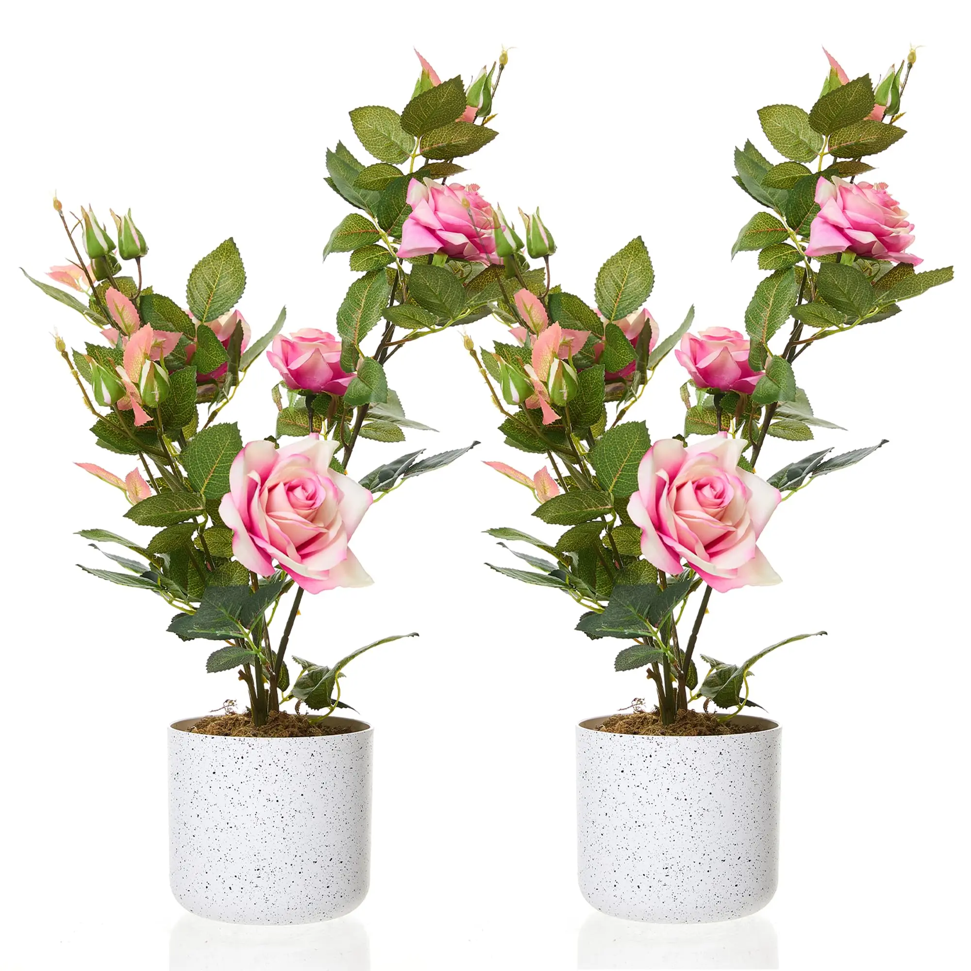 Lifelike Pink Artificial Rose Trees in Pots – Set of 2 Realistic Faux Plants with Green Leaves, Decorative Flowers for Indoor & Outdoor Home, Office, Wedding, Patio, or Garden Decor