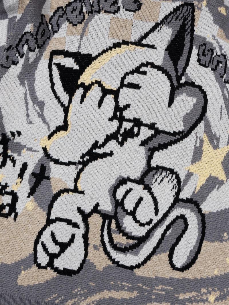 Men's Cartoon Print Round Neck Sweater Knitwear Tops, Loose Casual Long Sleeve Crew Neck Jumper for Spring & Fall, Menswear, Graphic Sweater, Street Casual Jumper