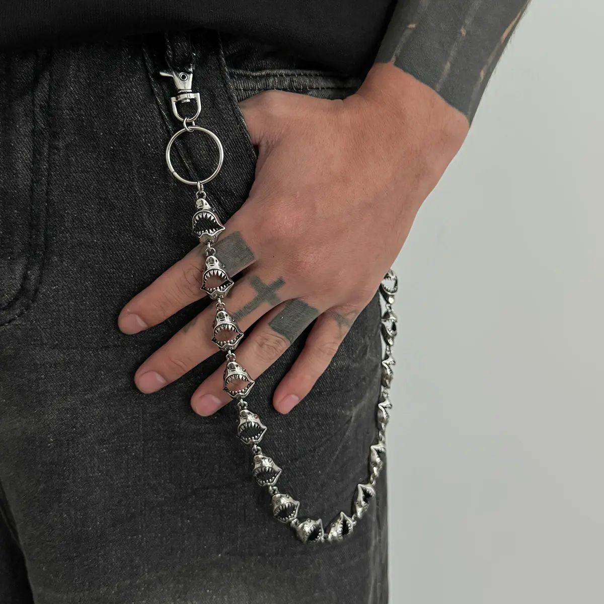 Men Shark Head Pants Chain Edgy Open Jaw Silver Tone Metal Wallet Chain Streetwear Jeans Accessories Grunge Y2K Alt Fashion Heavy Duty Belt Chain