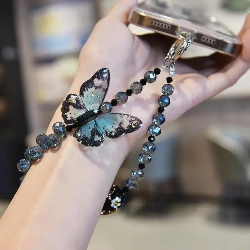 Y2K Butterfly Crystal Bow Phone Charm | Beaded Anti-Lost Wrist Strap Lanyard, Aesthetic Cute Accessory for Women