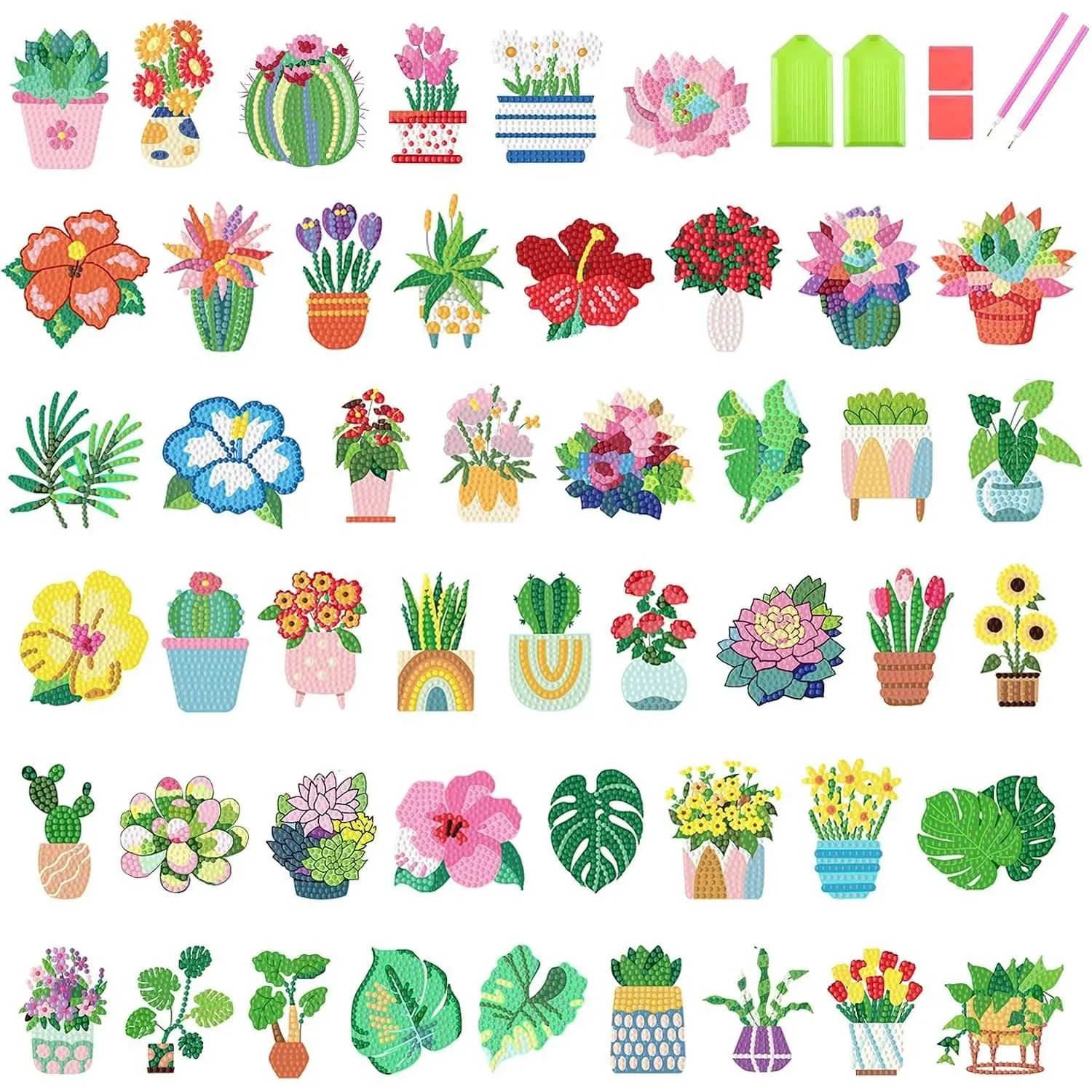 48 Pcs Diamond Art Painting Sticker Kits for Kids, Flower Diamond Gem Stickers Kit, 5D Plants Gem Art Stickers Mosaic for Kids Gift for Boys Girls 4-8-10-12 Years Old
