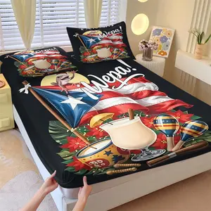 Puerto Rican Festival Fitted Sheet Set and 2 Coreless Pillowcases, Wepa! Traditional Musical Instruments, Holiday Drinks and Cultural Symbolic Elements, Soft Breathable Deep Pocket Design, Holiday Bedroom Decor Gift