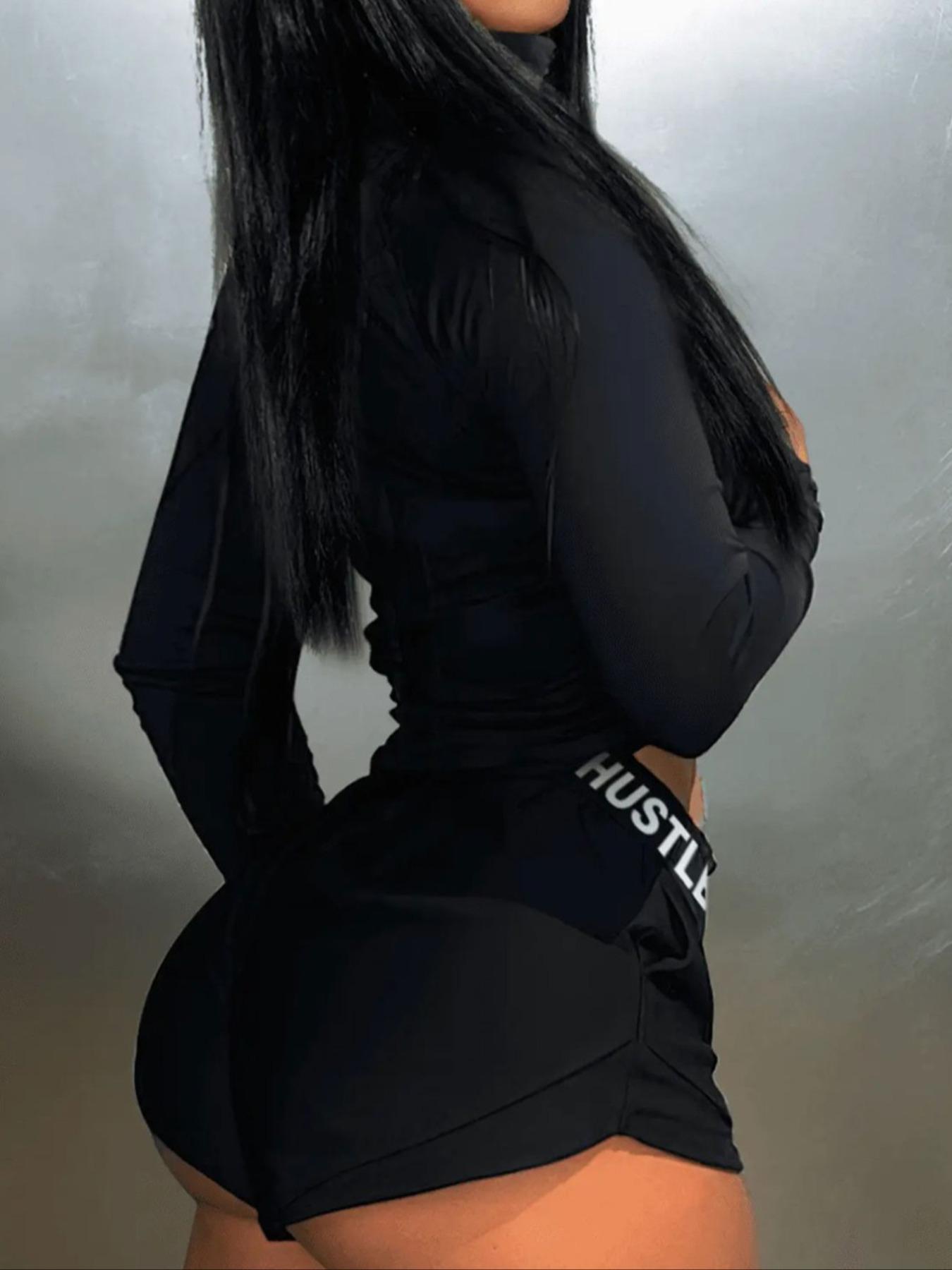 Women's Letter Print Zipper Stand Collar Top & Pocket Shorts Set, Casual Long Sleeve Top & Shorts for Summer, Ladies Clothes for Daily Wear, Womenswear