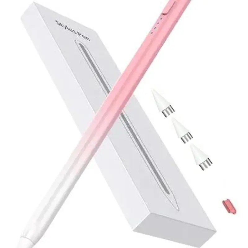 Universal capacitive stylus, compatible with smartphones and tablets, includes 3 extra tips, supports USB-C charging, ideal for precision drawing.