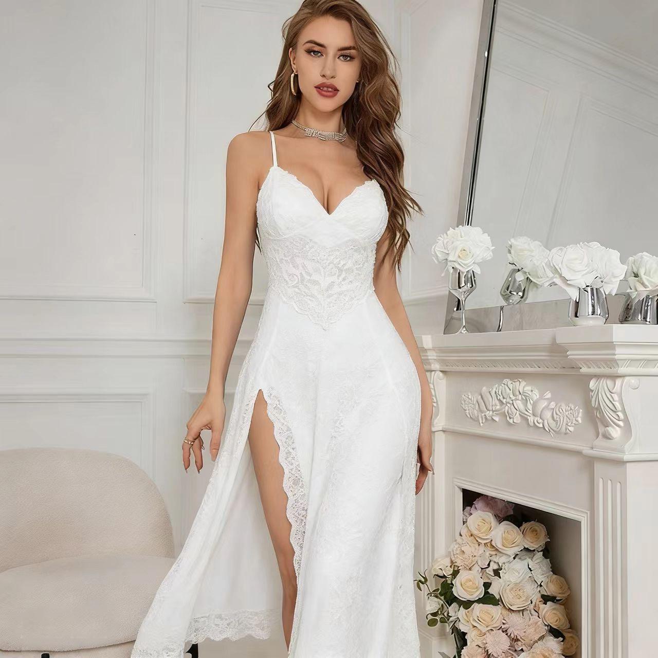 Long Lace Sleepshirt for Women: Elegant and Sexy High Side Slit Nightgown, Romantic Pajama Dress