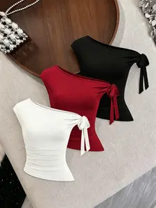 Sexy Slouchy Shoulder Short Sleeve Top, Side Tie Detail, Three-Piece Set, Perfect for Daily Wear, Trendy Street Style, Bold and Chic Design