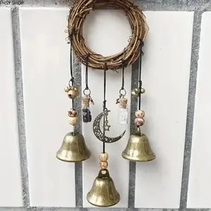 Magical Witch Bells with Crystal Pendant, Handmade Wood Bead Wind Chime for Door Knob, Boho Home Protection Decor for Witchcraft, Meditation & Room Accents