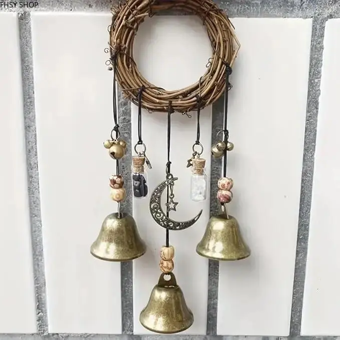 Handmade Witch Bells with Crystal Pendant - Wood Bead Hanging Wind Chime Decoration, Boho Door Knob Ornaments for Witchcraft & Meditation Home Protection Accents