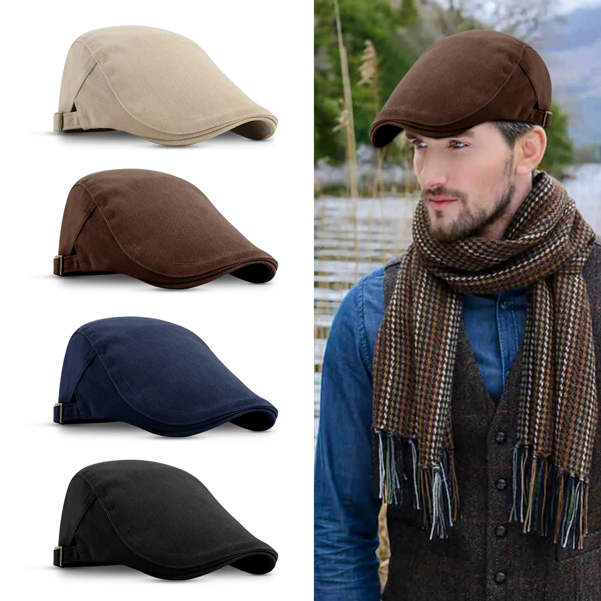 Men's Solid Cotton Beret, Adjustable Flat Cap, Ivy / Golf / Driving / Flat / Cabbie / Newsboy Style – Father's Day Gift sun