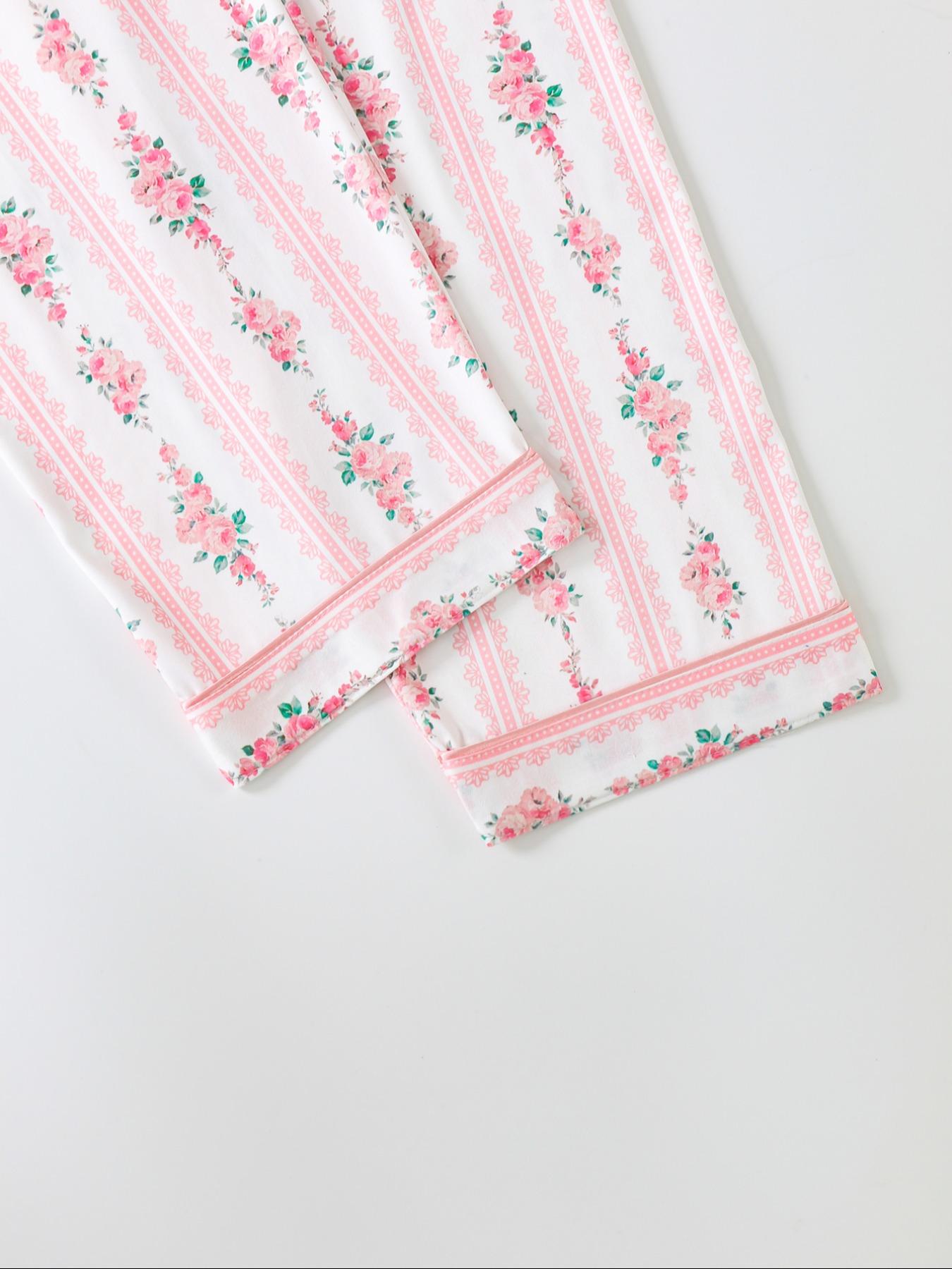 Elegant Floral Pattern Long Sleeve Pajamas Set, Light Button-Up Top and Pants, Casual Fitted Sleepwear, Matching Pyjamas for Spring & Fall