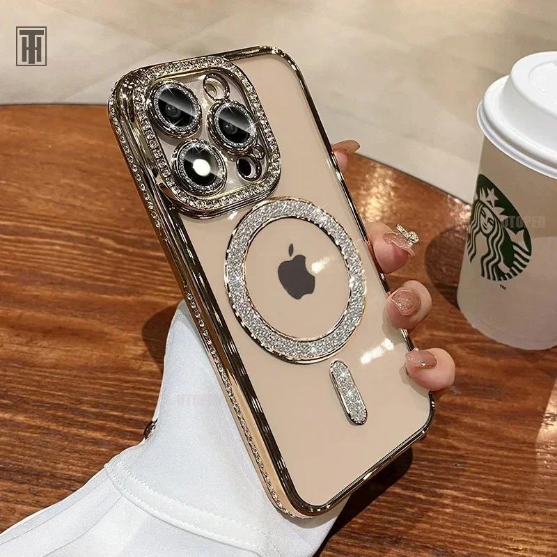 Luxury Bling Crystal Lens Film Phone Case For iPhone 15 11 12 13 14 Pro Max Plus Magsafe Magnetic Wireless Charging Clear Cover