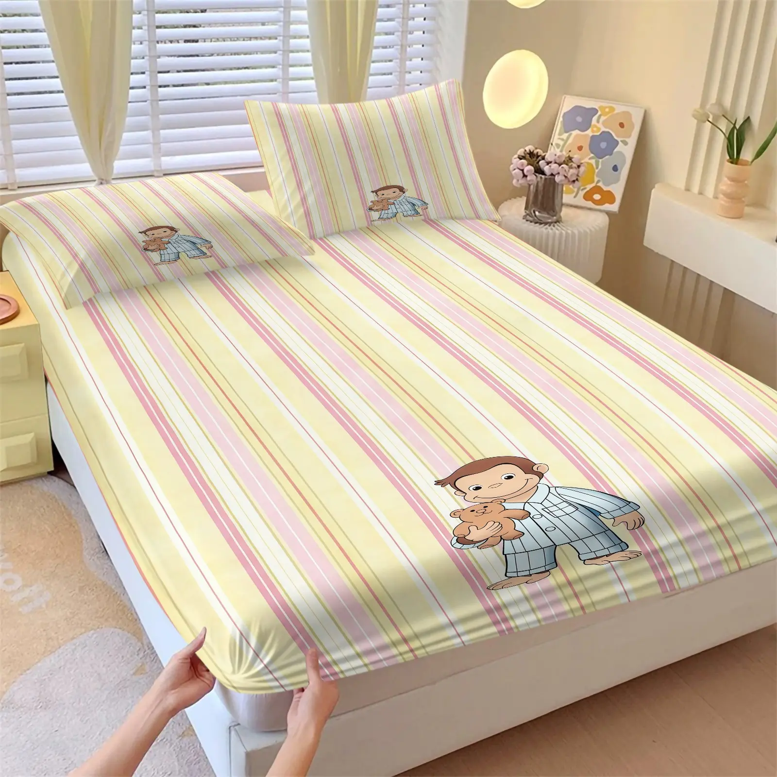 3-Piece Monkey Pattern Fitted Sheet Set, Including 1 Flat Sheet And 2 Pillowcases, Soft And Comfortable Bedding, Non-Slip Dust Cover, Suitable For Bedroom And Guest Room