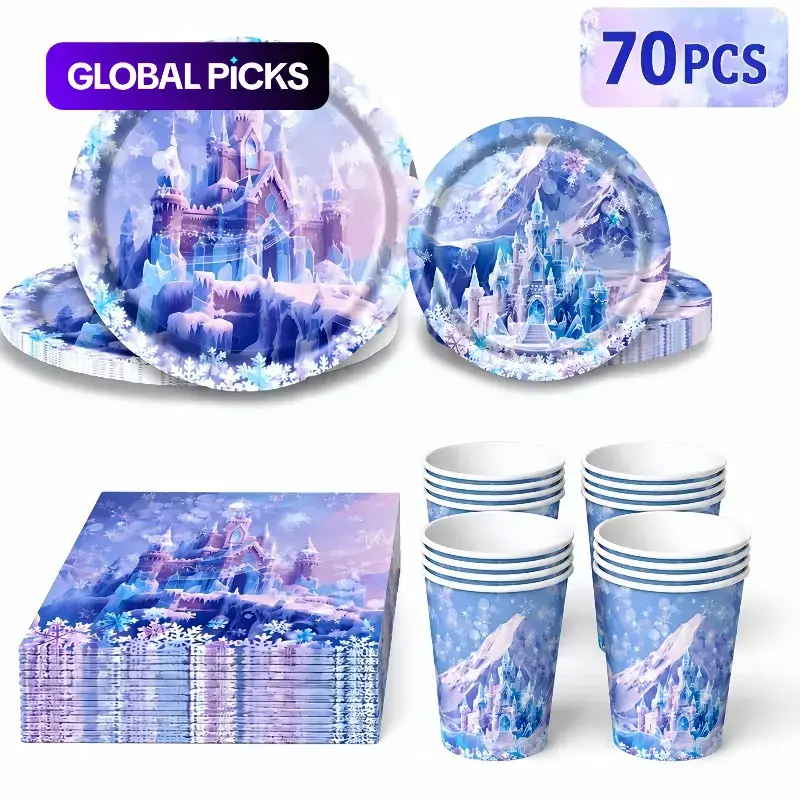 70pcs Dreamy Blue Snowflake Castle Party Supplies Set, Fancy Paper Plates, Includes Plates, Dessert Dishes, Cups, Napkins, Perfect for 20 People