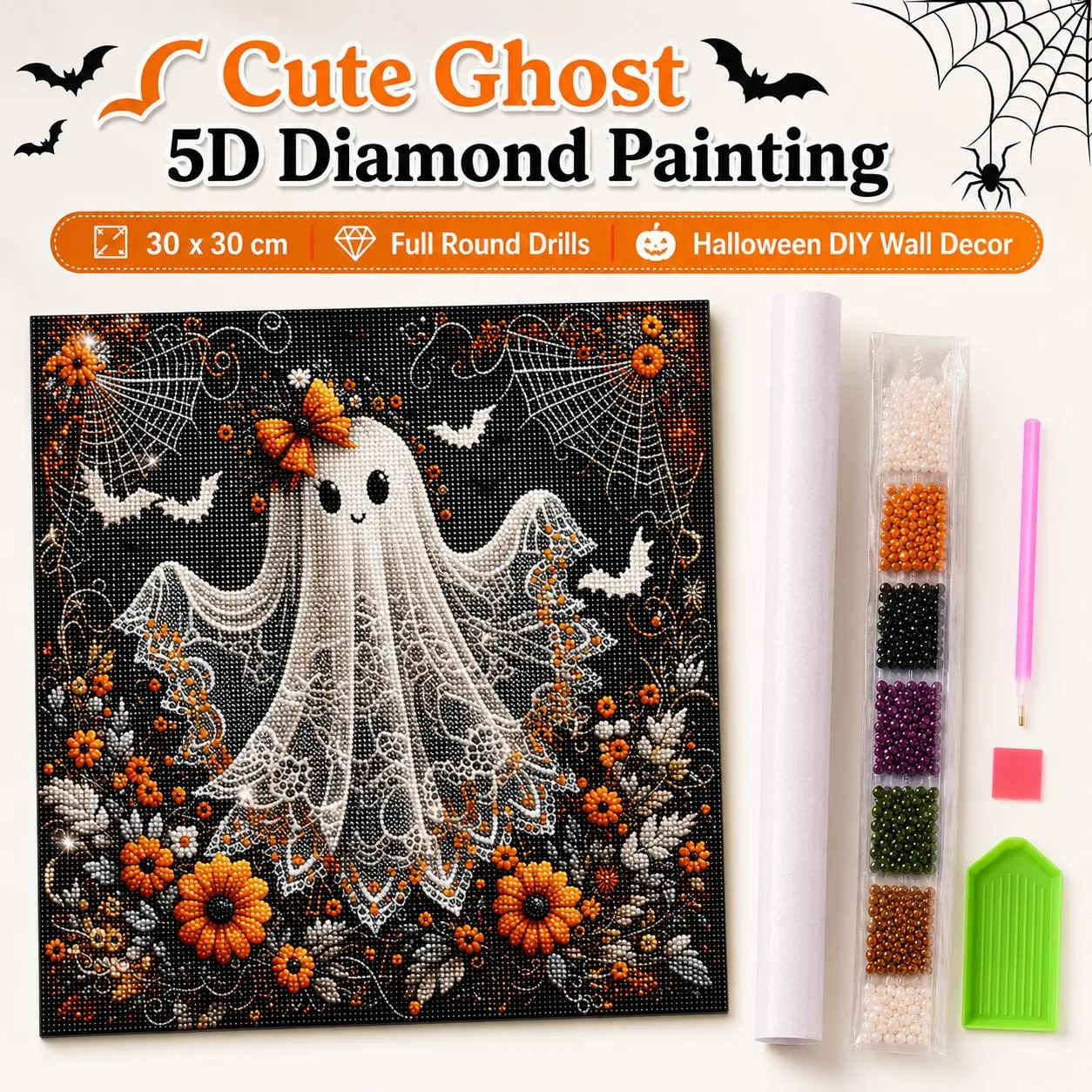 Halloween Cute Ghost 5D Full Round Diamond Painting Canvas, DIY Wall Decor Craft, Ideal Gift for Birthday, Anniversary and Major Holidays
