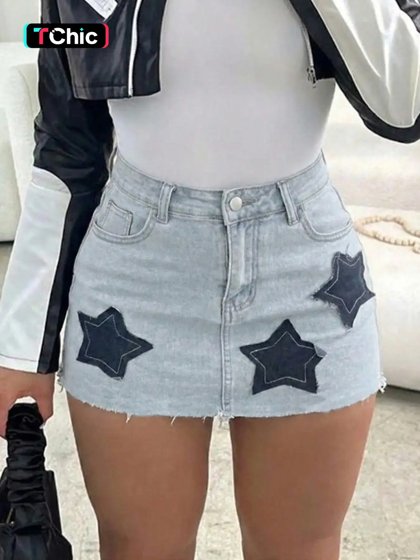 Women's Light Wash High Waist Star Frayed Patch Button Mini Denim Skirt, Y2K Style, Stretch Bodycon Fit, Perfect for Festivals & Casual Wear