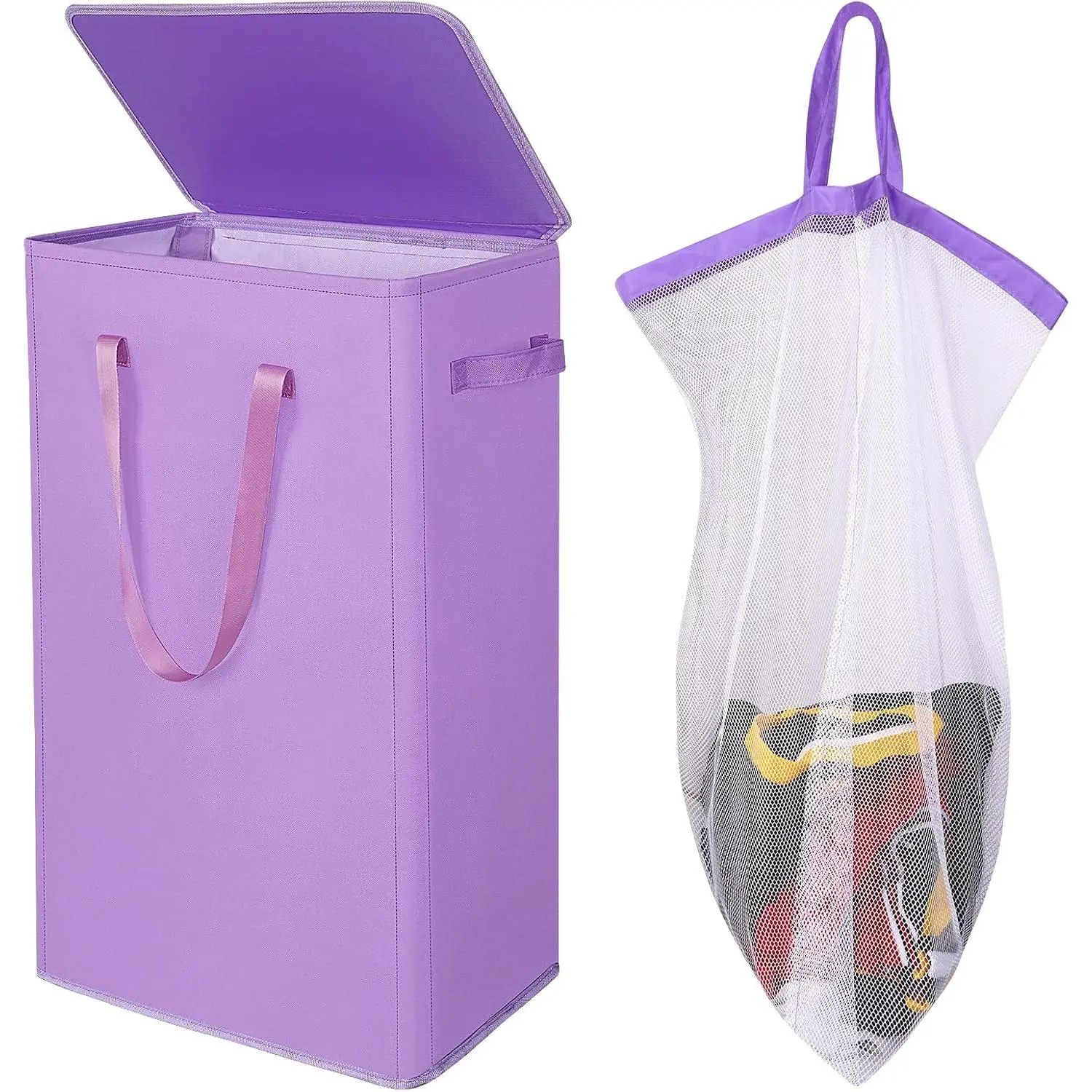 75L Slim Laundry Hamper with Lid,Large Foldable Laundry Basket with Removable Bag and Handles Tall Collapsible Dirty Clothes Basket Great for Bedroom, Bathroom, Dorm, College,RV.(Purple, 75L)