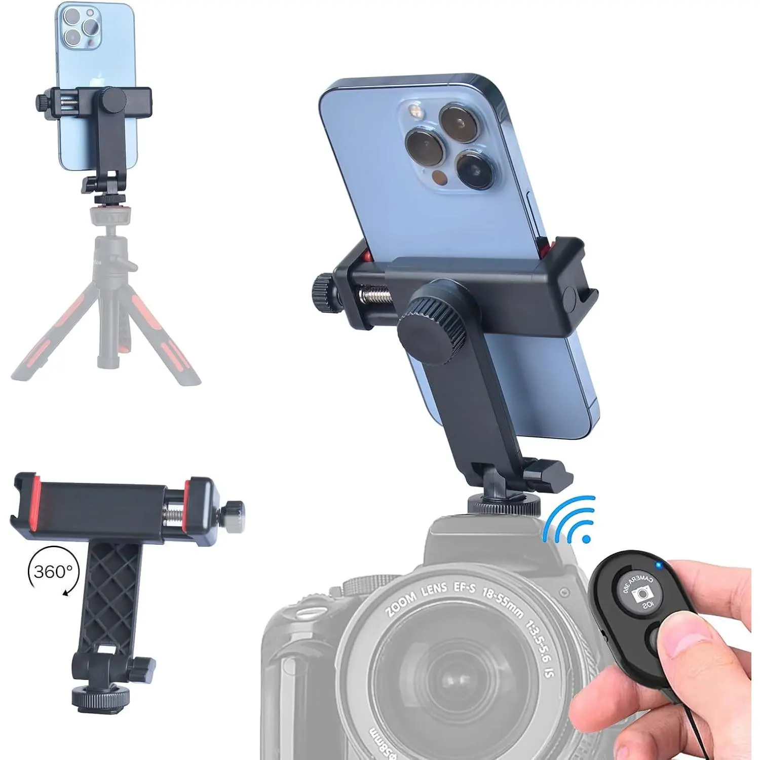 Phone Tripod Mount with Remote Controller,   Smartphone Mount Adapter with Cold Shoe, 360° Rotates Cell Phone Clip Clamp Holder, Compatible with ,  and  Phones
