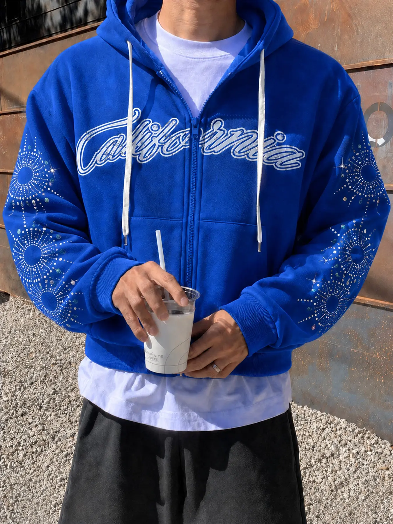 Men's Zip-Up Hoodie, Slim-Fitting Graphic Sweatshirt, Fall & Winter Casual Streetwear, American Style Rhinestone Effect, Printed Design