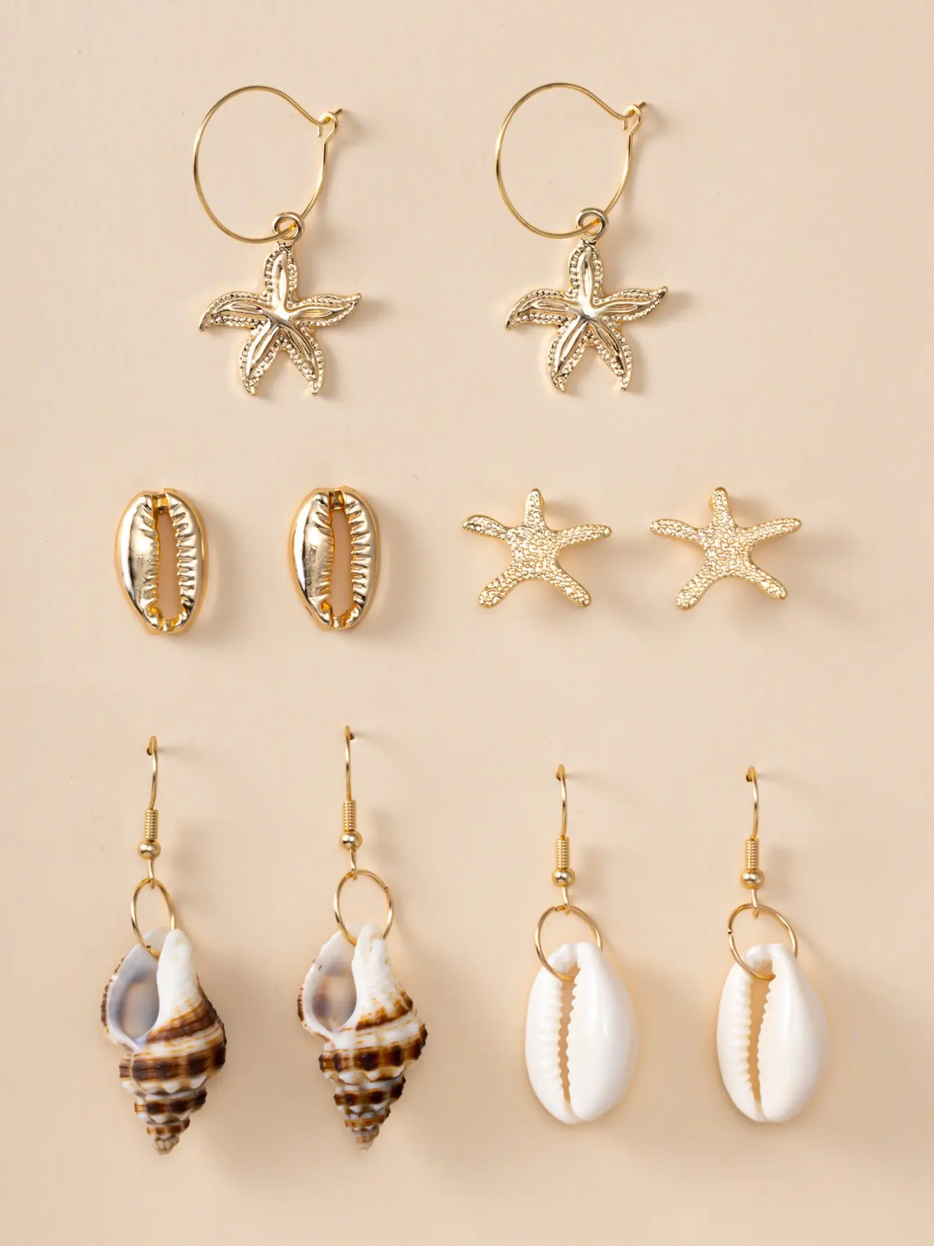 Women's Shell Starfish Earrings Set, 5 Pairs Casual Beach Party Jewelry, Summer Vacation Ear Studs, Outdoor Wear Accessories, Stud Earring Sets