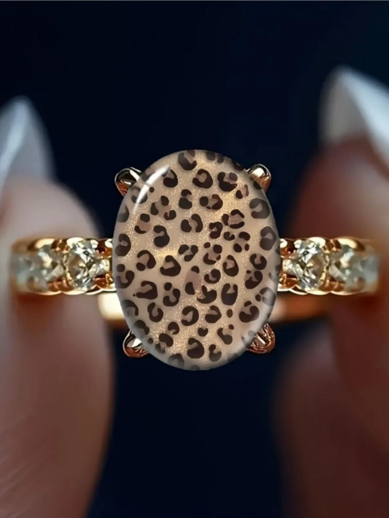 American-style light glittery leopard print oval animal theme ring with gilded and diamond-encrusted ring shank, a Maillard-inspired vintage western hot girl country music festival stacking jewelry piece