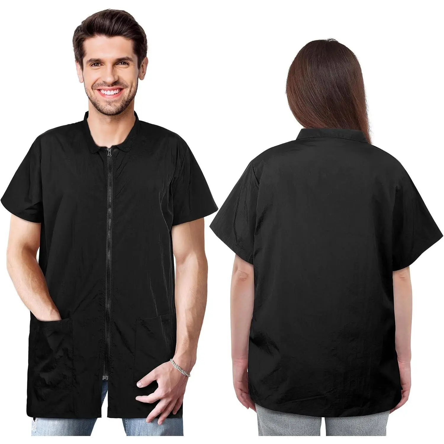 2 Pack Black Pet Groomer Uniforms with Full Zipper Water Resistant and Anti-Static Pet Smock Clothes for Women Men XX-Large