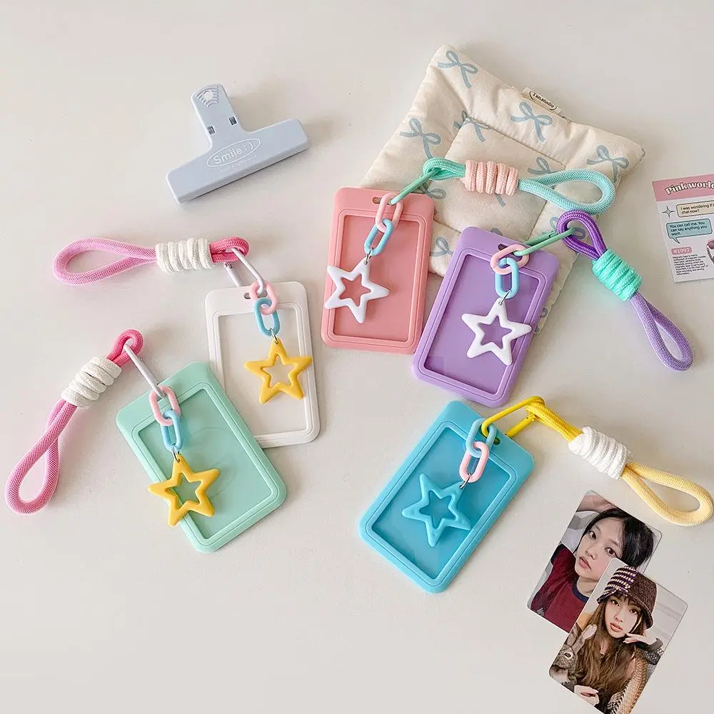 Macaron Color Star Pendant Silicone Card Holder With Braided Wrist Lanyard Kawaii Clear Window Student ID Bus Photocard Protector