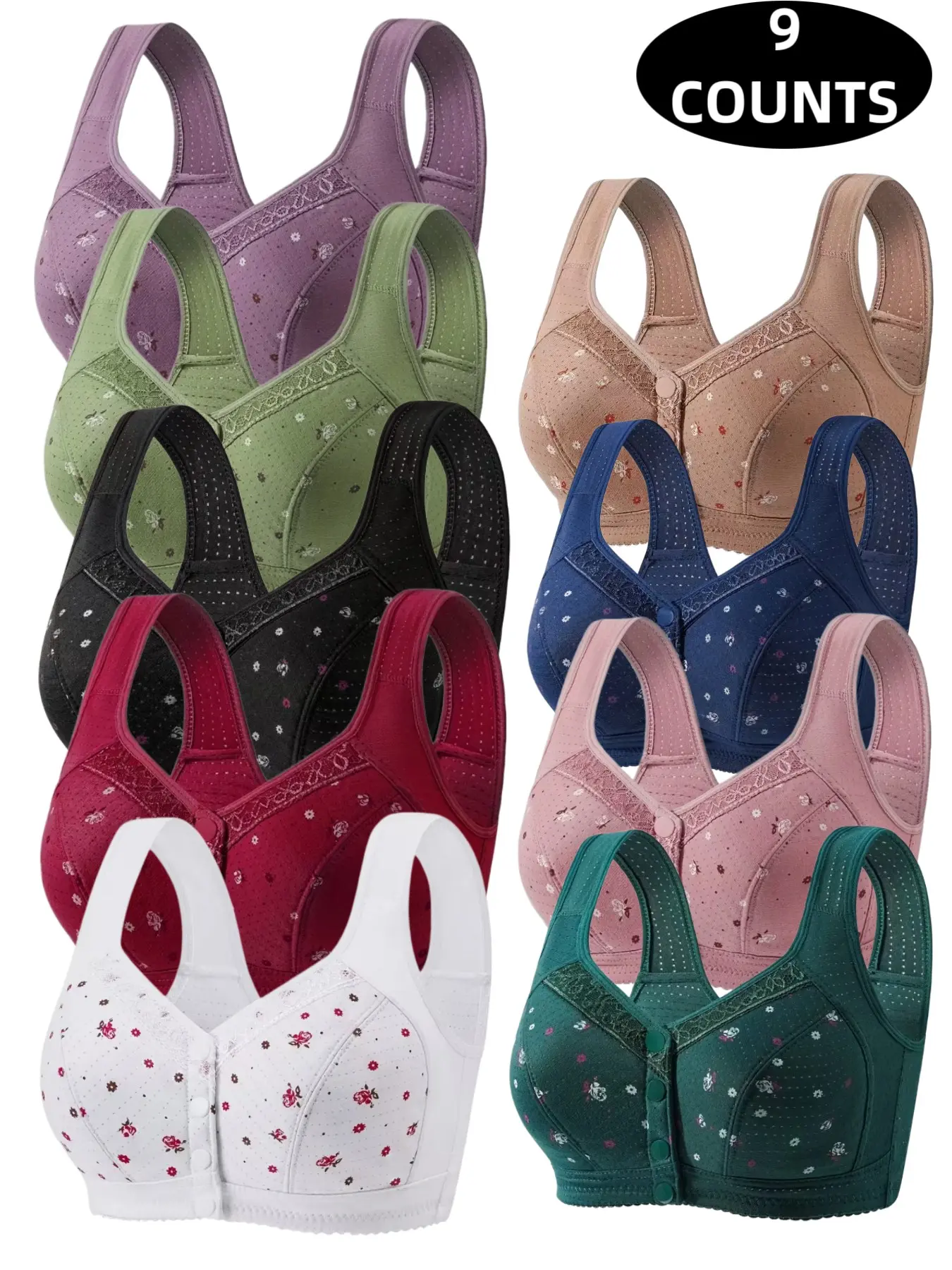 9-Piece Women's Lace Wireless Front Buckle Push-Up Bra, Seamless Comfort Fit, Daily Wear Underwire-Free Bra, Breathable Soft Fabric, Full Day Support, Lace Wirefree Bra