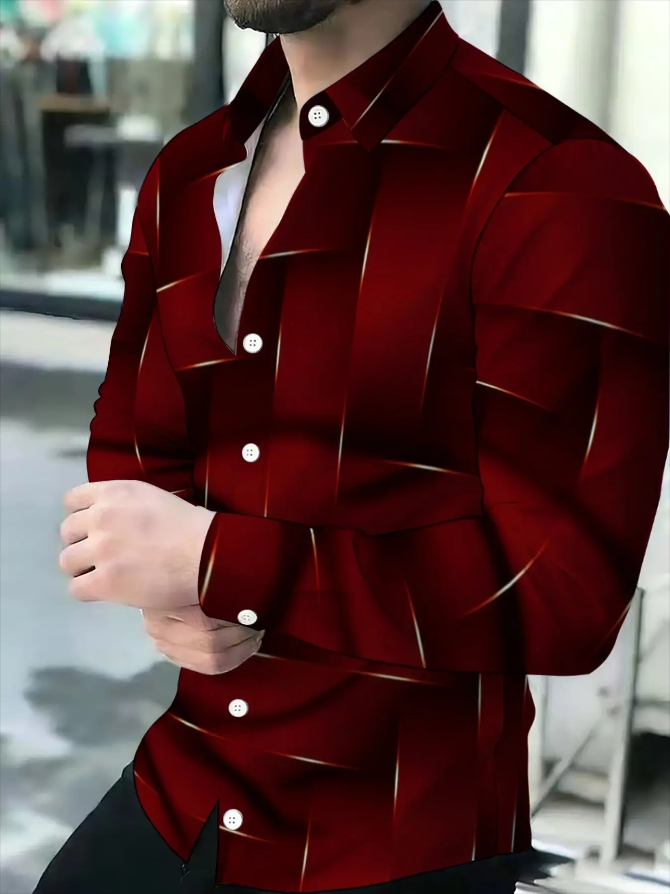 Men's Simple Wine Gradient Fine Grid Texture Long Sleeve Shirt, Mature Style, Casual and Business Wear, Slim Fit, All Seasons