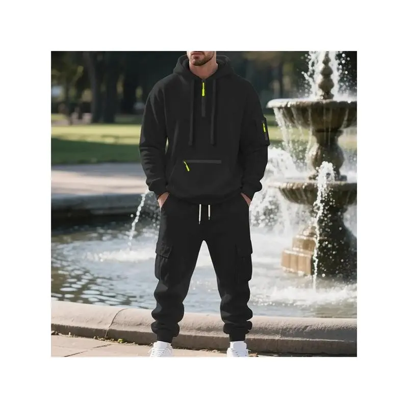 2pcs Set Men's Thermal Tracksuit - Fleece-Lined Hooded Jacket & Pants Set, Breathable Athletic Tracksuit with Full-Length Zip-Free Design, All-Season Gym, Jogging, Lounge Wear - Machine Washable (S-XXL) - Solid Black/ with Neon-Zero Accent - Ideal