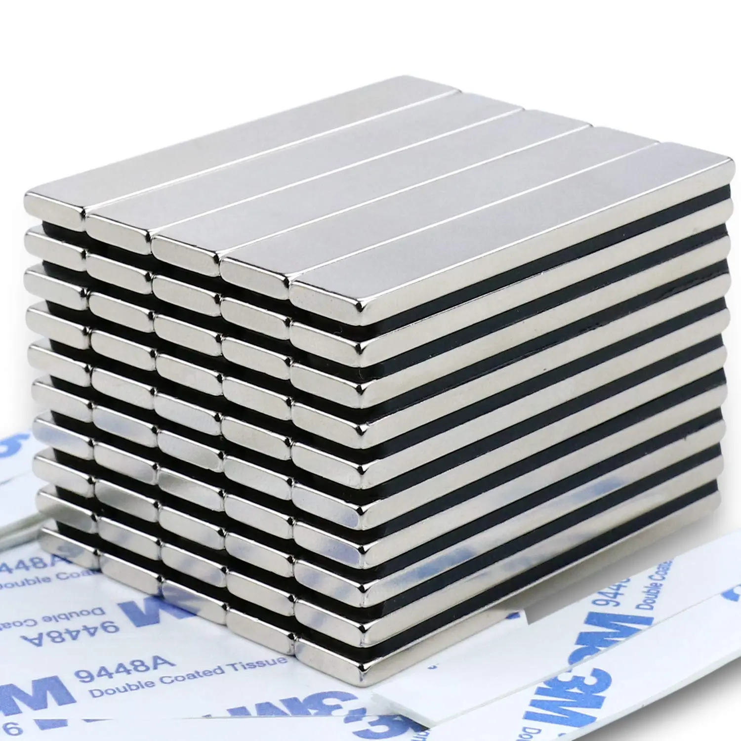 Heavy Duty Neodymium Metal Flat Bar Magnets, 50-Pack with Adhesive Backing - Industrial Rare Earth Magnets (2.36in Size, 2.36x0.39x0.12in) with Strong Magnetic Hold for Fridge Boards