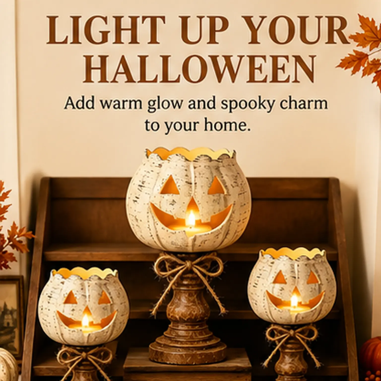 3 PCS Resin & Plastic Rustic Jack-O-Lantern Candle Holders with Graduated Sizes, Twine Bow Pedestal Stands, Cozy Fall Decor for Mantel Shelf, Dining Table Halloween Thanksgiving Home Party