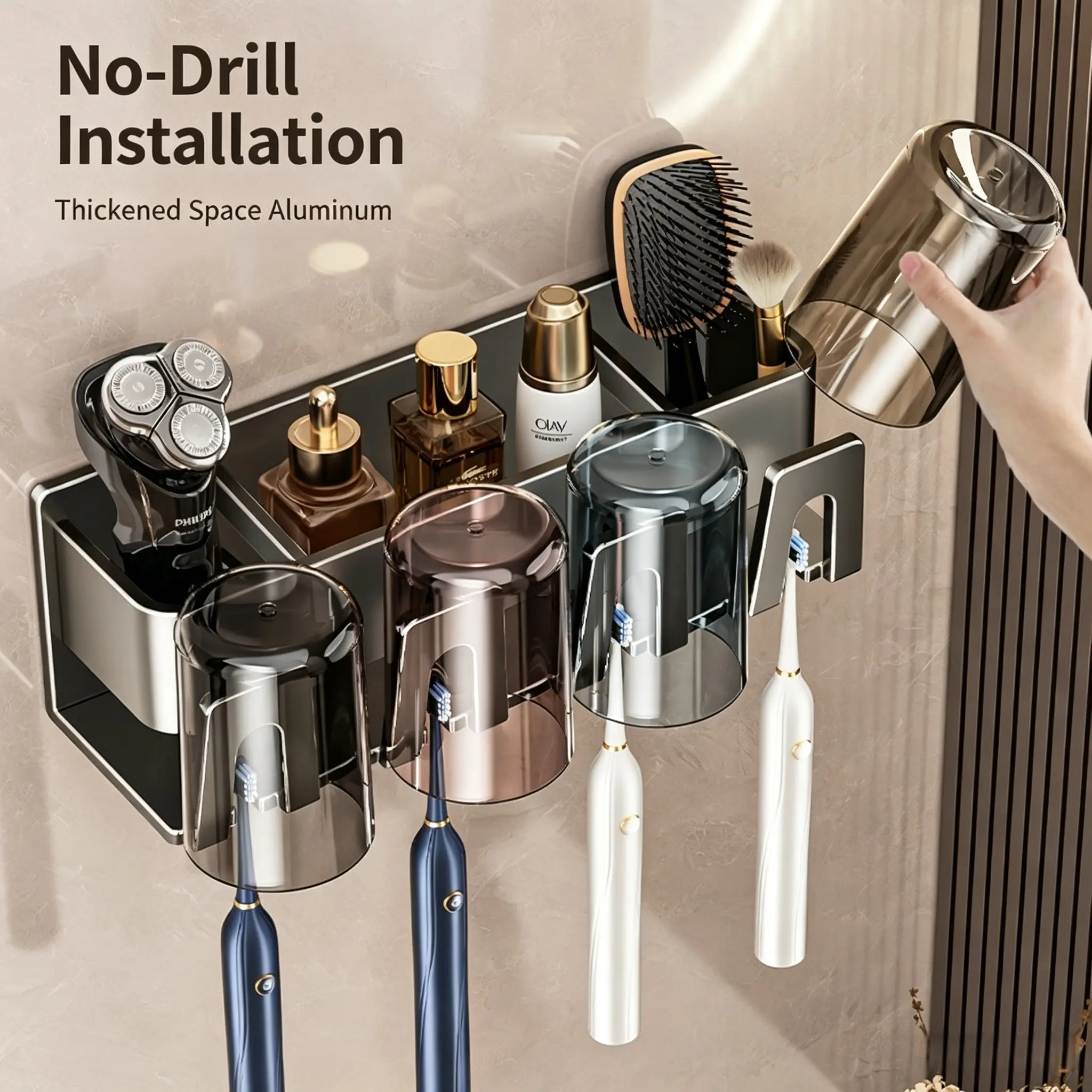 Wall-Mounted Toothbrush Holder, No-Drill Bathroom Organizer, Tooth Cup Rack, Electric Toothbrush Stand, Soap Dispenser Shelf