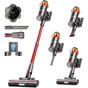 Cordless Vacuum Cleaner, 650W/55KPa 70Mins Vacuum Cleaners for , Self-Standing Stick Vacuum with Anti- Brush & OLED  Screen, Vacuum Cleaner for Hardwood Floors,Carpet,, (Red)