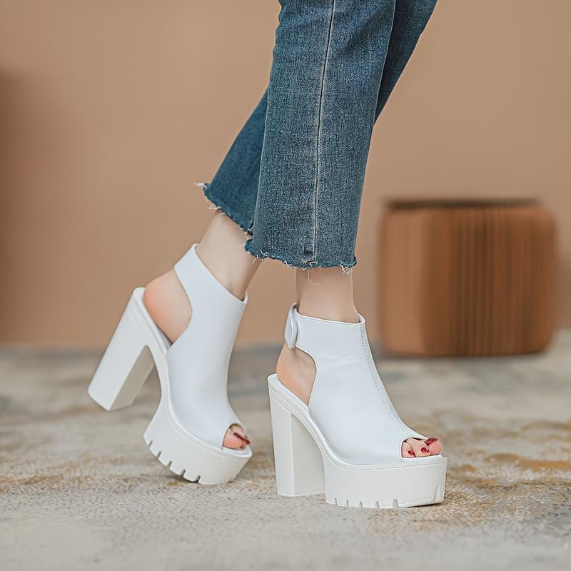 Women's Solid Color Block Heels, Fashion Open Toe Dress Pumps, Stylish Platform Slingback Heels Sandals, Summer Comfort Flatform Footwear White Elegant Classy Heeled wide feet sandals comfy sandals