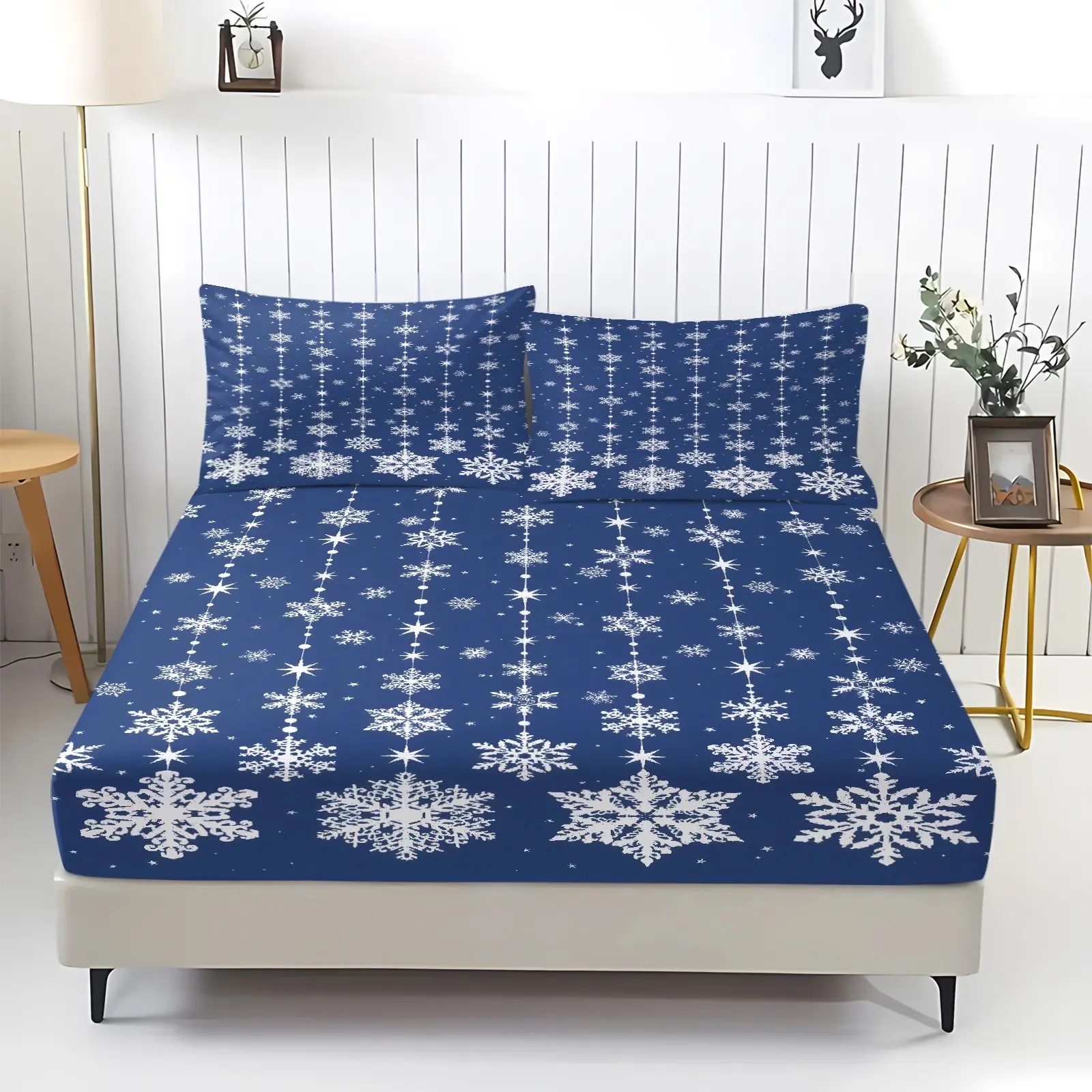 Navy Blue Hanging Star Snowflake Fitted Sheet Set, Bed sheet set, 360° Elastic Anti-Slip Design, HD Fade-Proof Digital Print, Soft Breathable Machine Washable Fabric, Includes 2 Pillowcases - without Core Christmas Winter Bedroom Decor