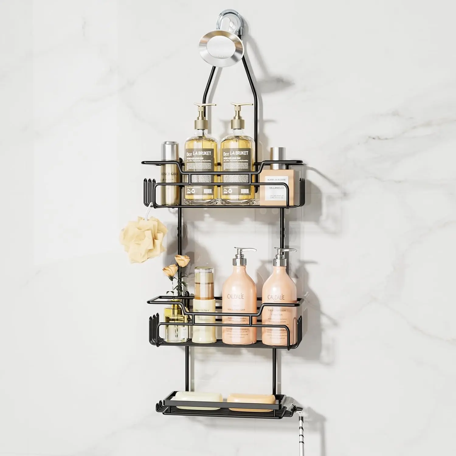 Black Medium Rustproof Stainless Steel Minimalist Hanging Bathroom Shower Caddy - 3-Tier Over-Shower-Head Organizer Shelves with Silicone Anti-Swing Hanger, 16 Hooks, Soap Holder for Shampoo, Sponge