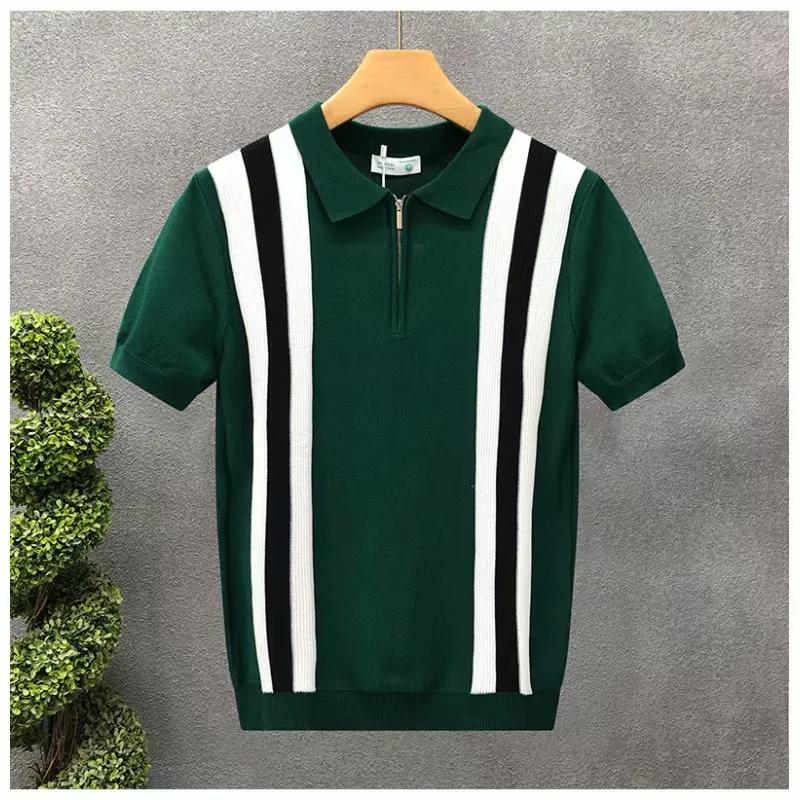 Kyn Apparel Summer New Men Slim-fit Luxury Knitted Polo Shirt Striped Patchwork T-shirt Casual Zipper Short Sleeve Tops Business Knitwear