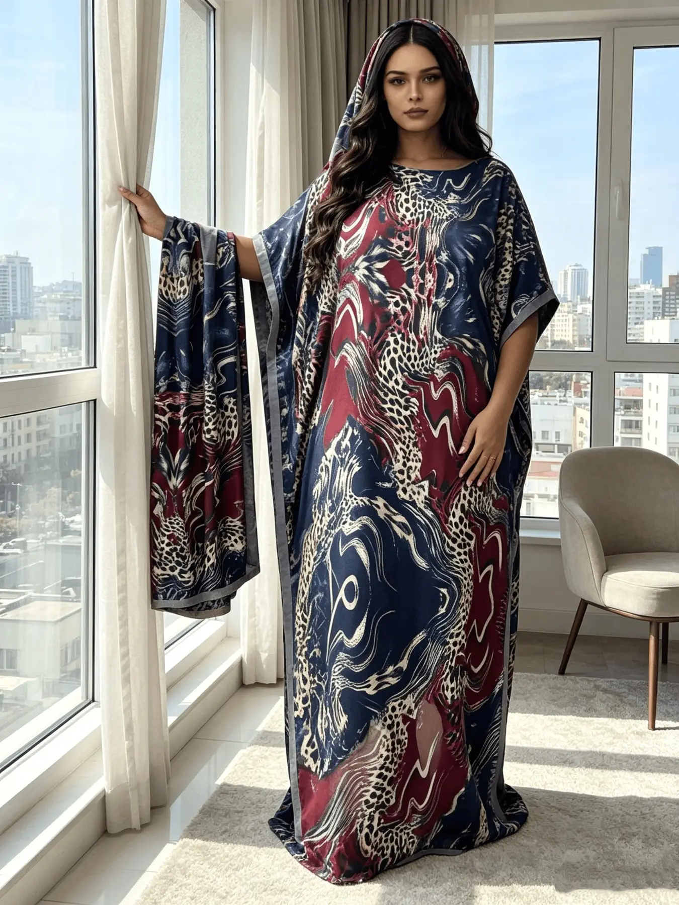Plus Size Navy Burgundy Marble Swirl Leopard Print Satin Long Kaftan Style Dress With Matching Headscarf, Silky Oversized Batwing Sleeve Maxi Abaya, Modest Boho Resort Loungewear Robe Vacation Outfit For Curvy Women