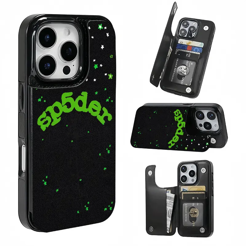 Green Spider Web Graffiti Style Card Holder, This phone case features a card slot function, can store bank cards, transit cards and other cards, suitable for iPhone 17/16/15/14/13/12 Pro ProMax Plus  Air series, and makes a great gift for girls.