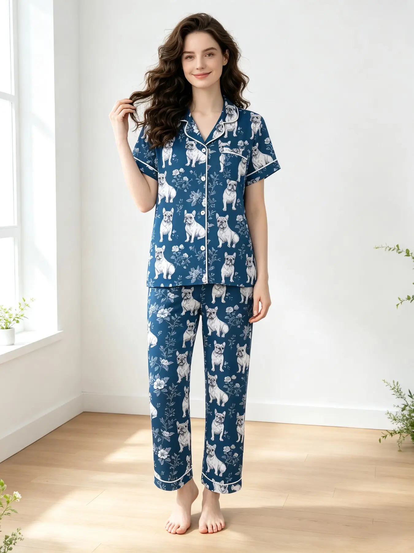 Women's Pajamas Set Navy Blue White French Bulldog Floral Print 2026 Summer Contrast Trim Notched Collar Chest Pocket Button Down Short Sleeve Long Pants Milk Silk Lightweight Soft Comfy Loose Fit Casual Sleepwear Loungewear Daily Wear for Women