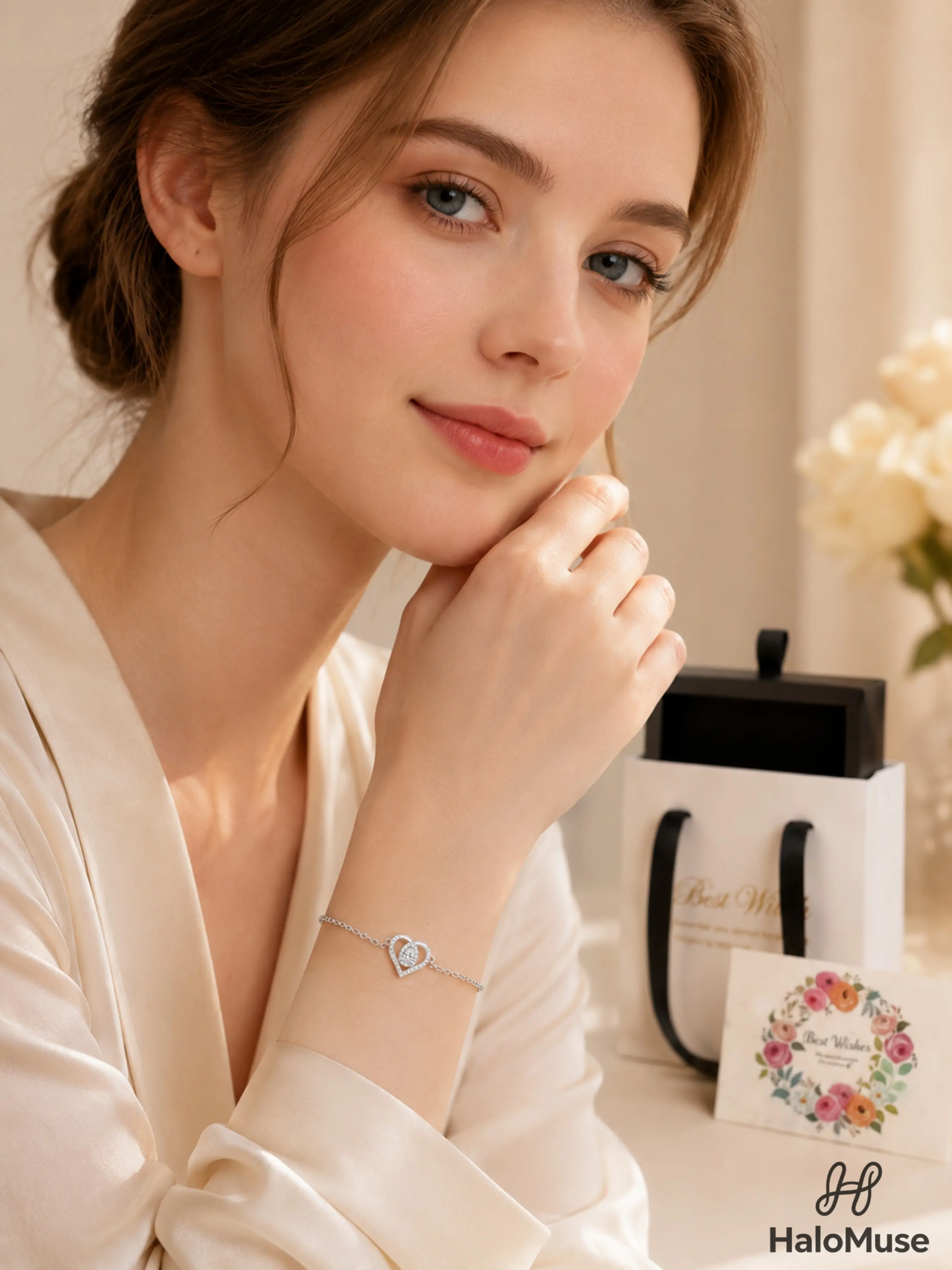 Halo Muse 1 Set Double Heart Diamond Bracelet Gift Set, Romantically Sparkling Teardrop Stone Charm with Adjustable Silver-Tone Chain, Pull Gift Box, Floral Card and Bag, Birthday, Anniversary and Valentine’s Gift for Her