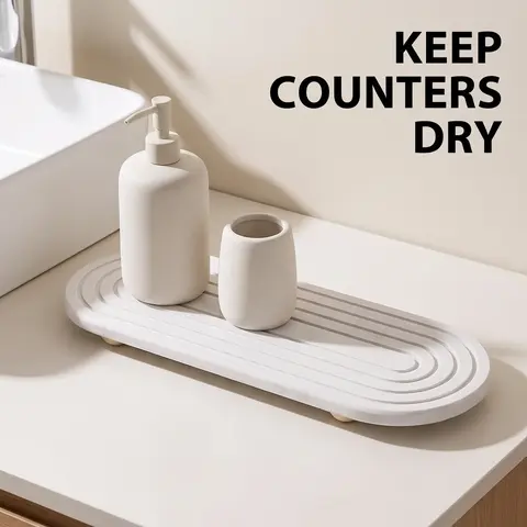 Water-absorbing stone tray for kitchen/bathroom countertops, quick-drying sink rack, Water Absorbent Mat (with wooden feet and natural gourd fiber, gray), Reusable Silicone Mat