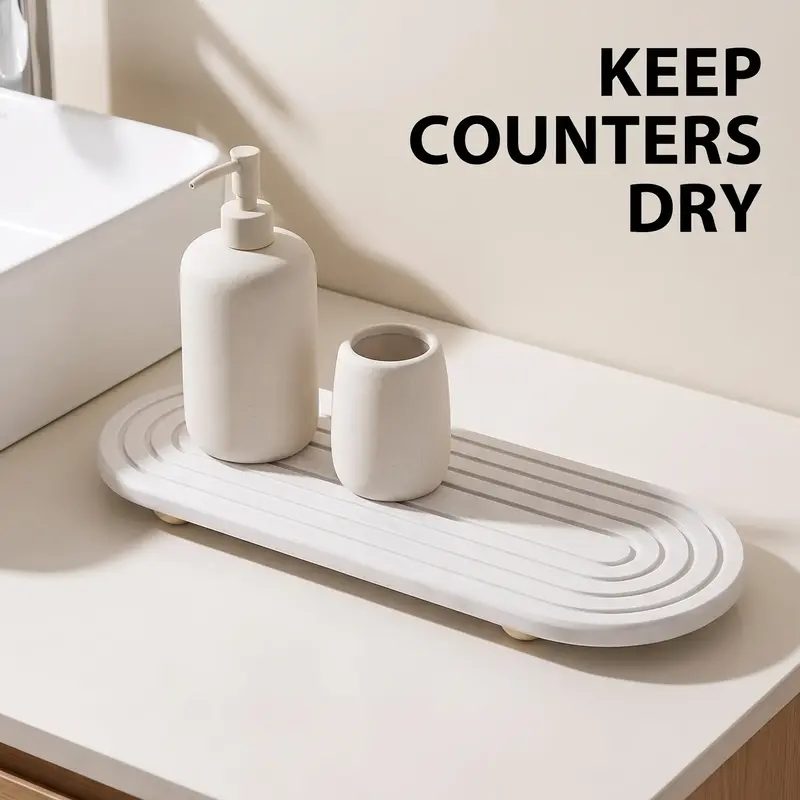 Water-absorbing stone tray for kitchen/bathroom countertops, quick-drying sink rack, Water Absorbent Mat (with wooden feet and natural gourd fiber, gray), Reusable Silicone Mat