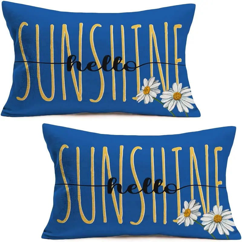 2pcs, Summer Hello Sunshine Pillow Covers Daisy Flowers Sunflower Farmhouse Decorations Throw Waist Pillow Cases Rectangular Oblong Pillows Cushion Cover Blue Yellow(, No Pillow Core)Double-sided printing design