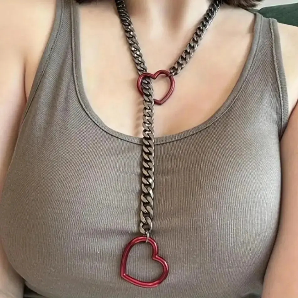 2026 New Adjustable Stainless Steel Cuban Link Necklace – Daily Party Black Jewelry with Heart-shaped O-ring Punk Style