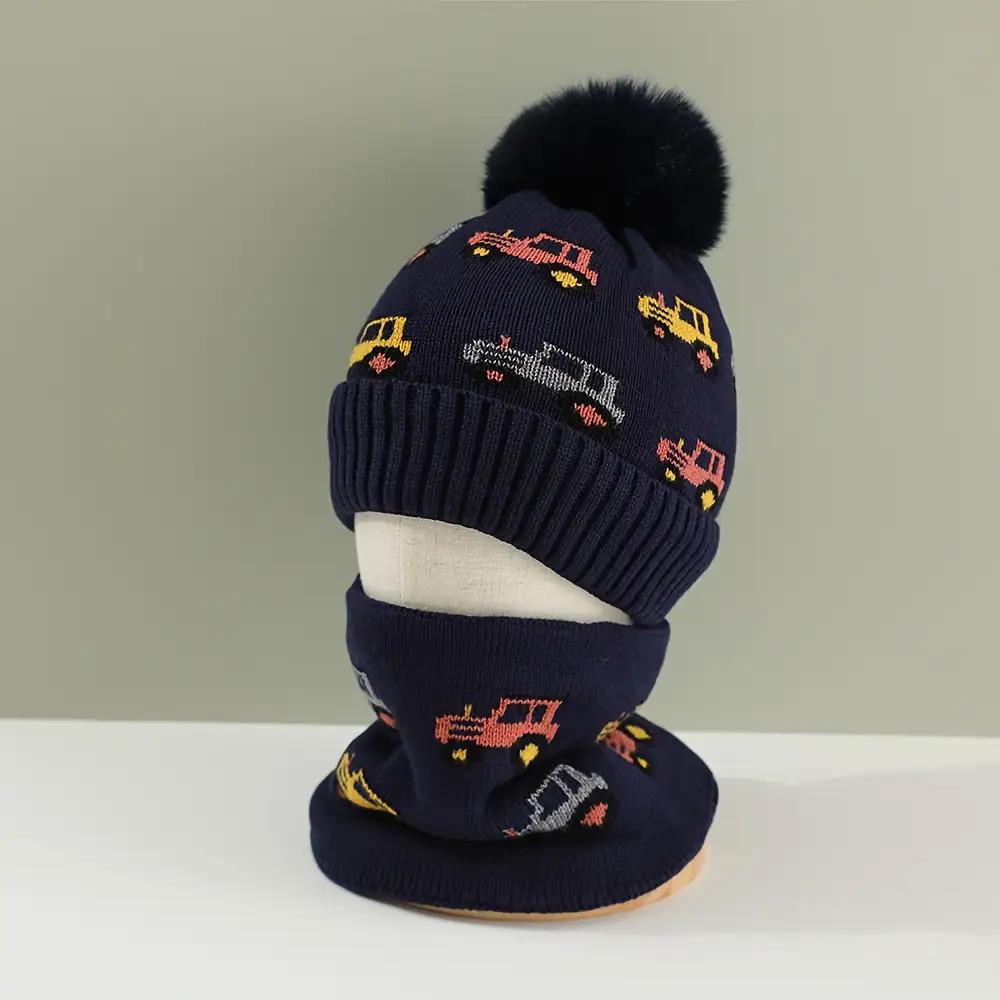 2pcs Boys' Winter Warm Hat & Scarf Set with Truck & Car Winter Adventure Print - Thick Knit Balaclava & Beanie, Elastic Fit for Outdoor Play, Christmas & Thanksgiving Outfits, Cozy Cold-Weather Clothing (Light Grey, Navy, Red, Blue, Black) - Hand Washable