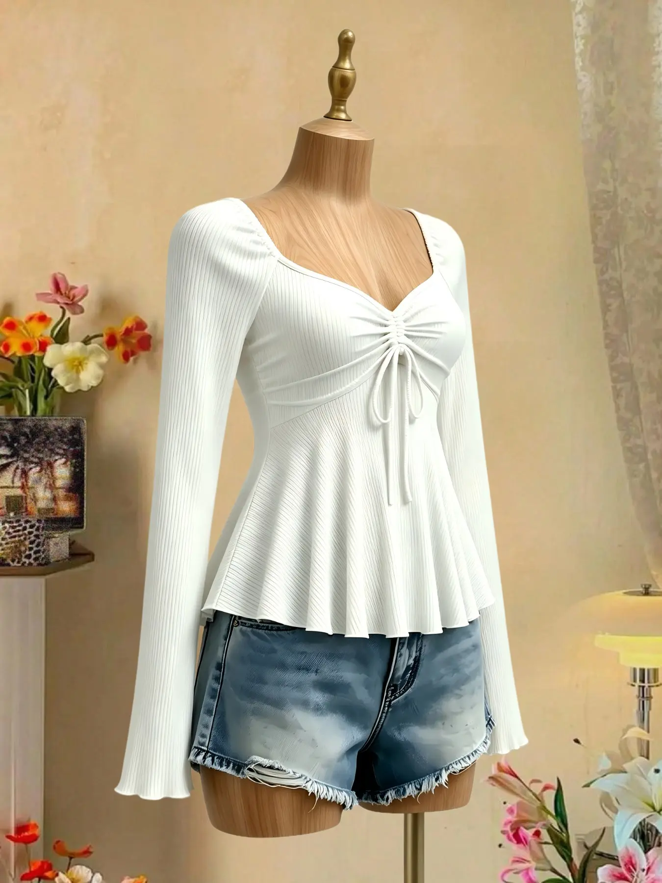 New Women's V Neck Long Sleeve Top, Drawstring Chest Design, Ruched Waist, Solid Color, Slimming Fit, Casual Fashion, Summer