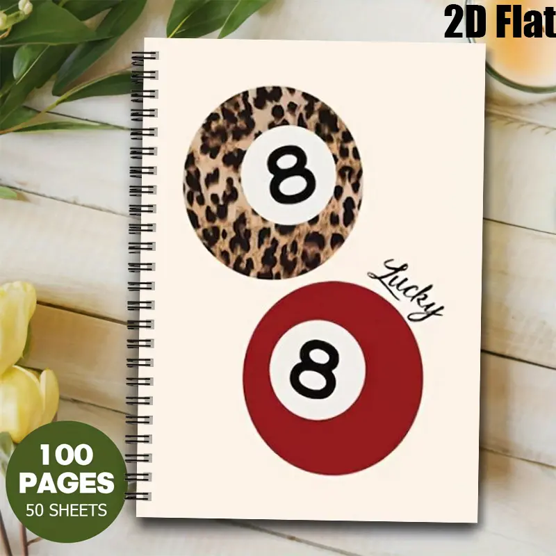 1pc Lucky 8 Ball Spiral Notebook, 5.7x8.26 inch, Leopard & Red Billiard Design, High-Quality Lined Pages, Durable Coil Binding, Perfect for Daily Journaling, Study Notes, Office Work, Birthday Gift for Billiards Lovers, Back to School Supplies, T