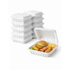 8x8x1 in Rectangular Hinged Clamshell Takeout Containers, 50-Pack White Food Containers with Lids, Disposable Plates for Home & Party Supplies