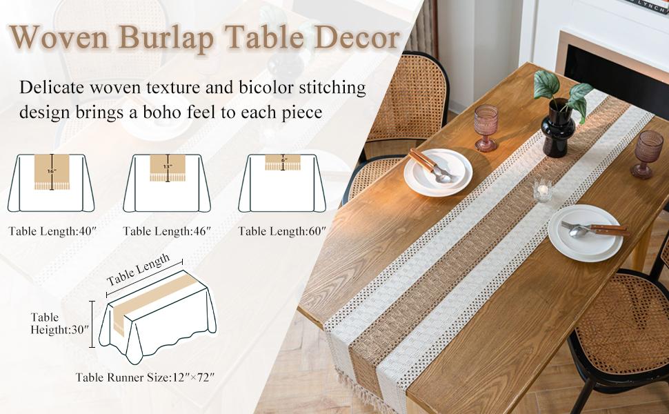 Style Bicolor Stitching,12 x 72 Inch Cream & Brown,Table with Tassels Boho Neutral Table,Farmhouse Rustic for Dining Wedding()